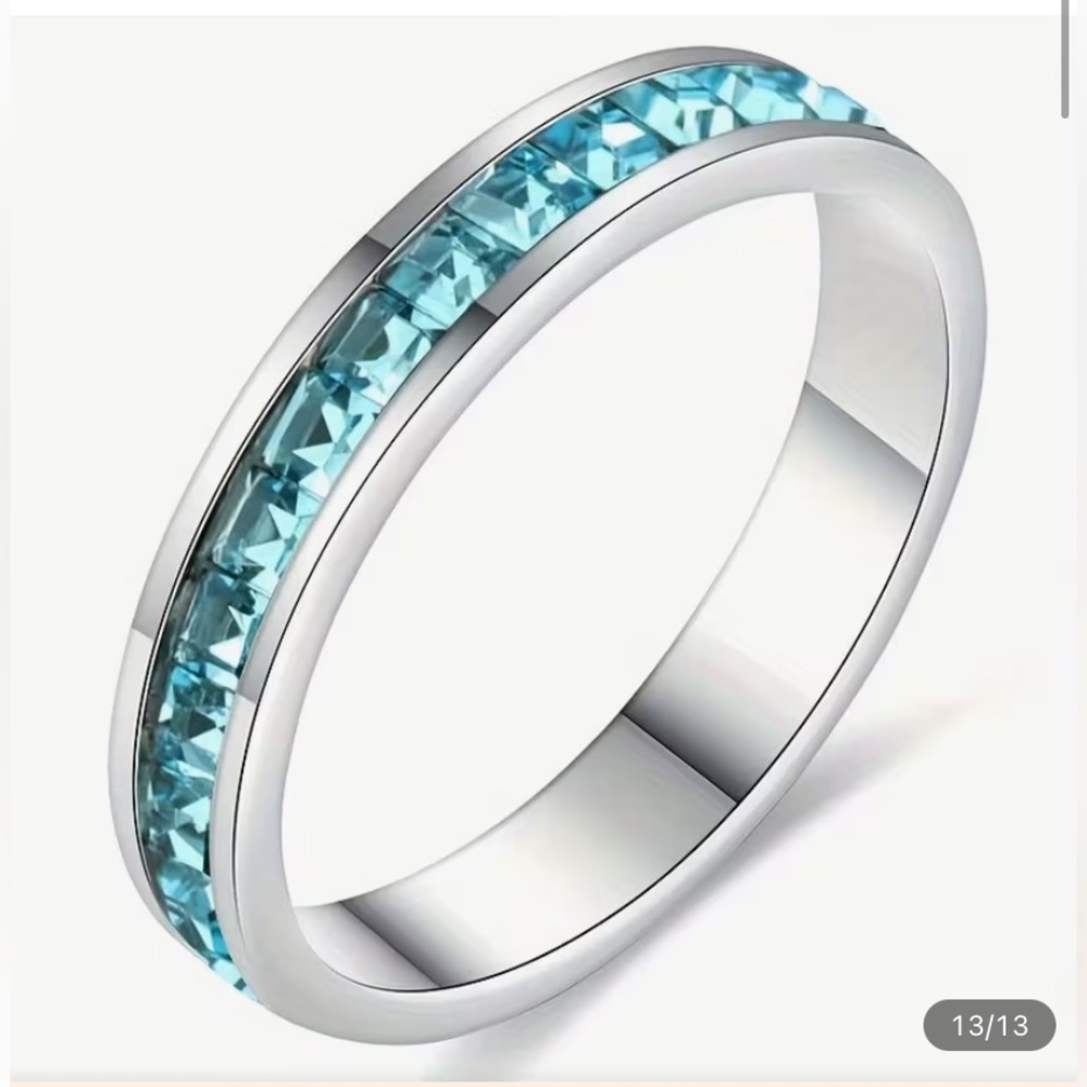 Elegant Blue Crystal Channel-Set Stainless Steel Women's Eternity Ring